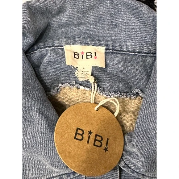 BIBI NWT SZ LGE Denim Trucker Cardigan Sweater Combo Tan Knit Oversized Layering - Picture 11 of 16